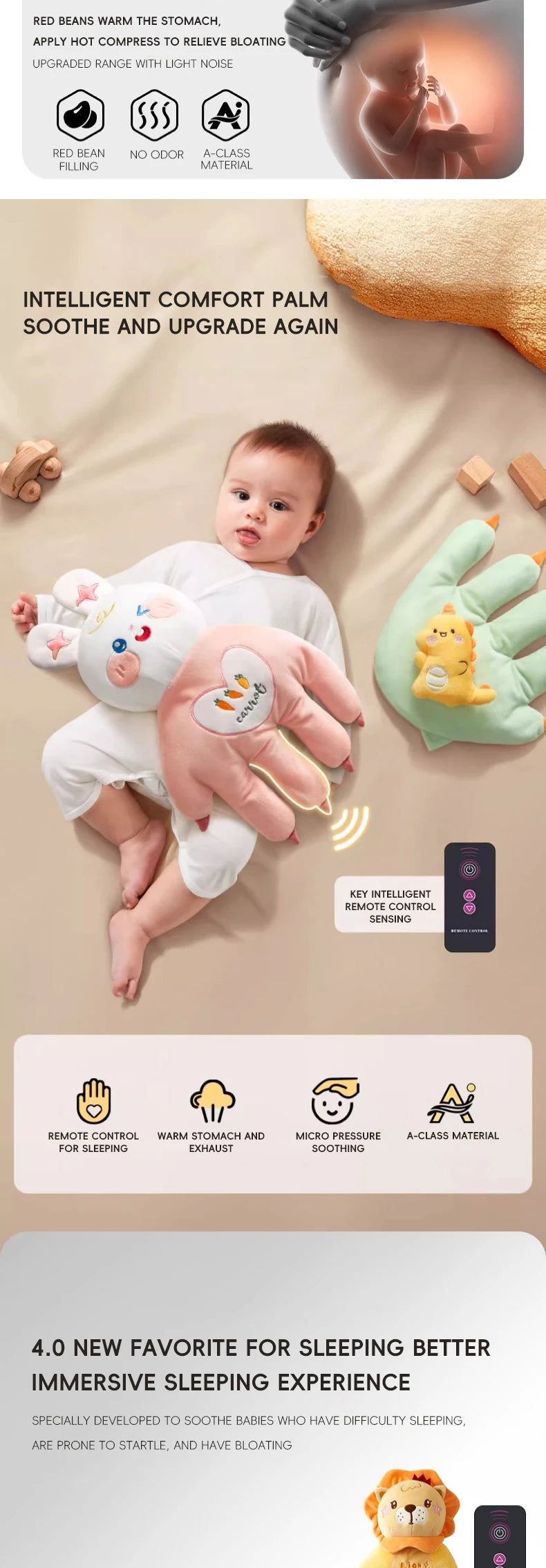 AIBEDILA Baby Sleep Aid Pillow – Soothing Hand Palm Design for Infants & Toddlers Remote-Controlled, Heatable & Soft Plush Comfort for Peaceful Sleep and Cuddle Time
