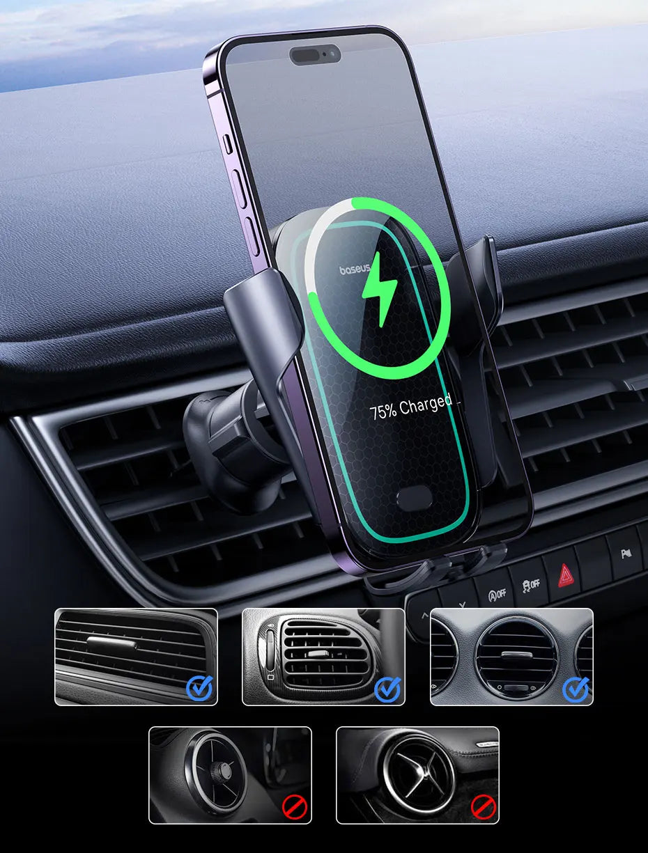 Baseus Car Wireless Charger Car Phone Holder Auto for iPhone 15 Samsung Xiaomi Phone Holder Car Holder 15W Air Vent Mount Holder