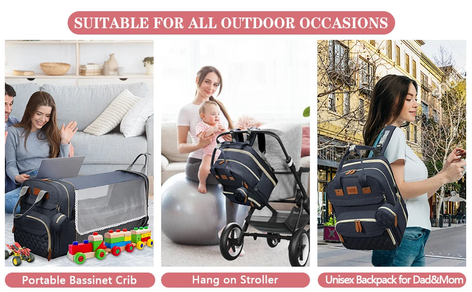 3-in-1 Diaper Bag & Foldable Baby Bed – Waterproof Travel Backpack with USB Charging, Large Capacity & Multi-Function Design