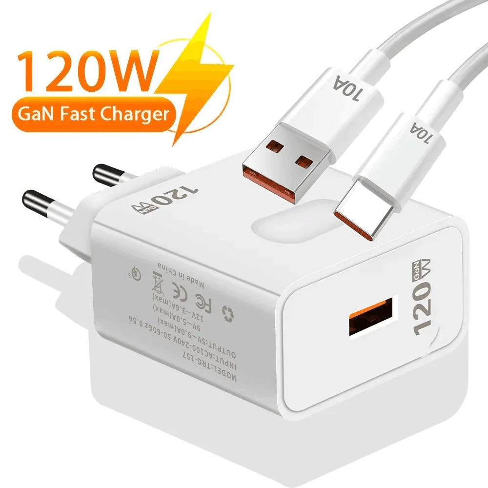 120W GaN USB Charger | Fast Charging Quick Charge 3.0 Adapter with Type C Cable for iPhone, Huawei, Samsung, Xiaomi