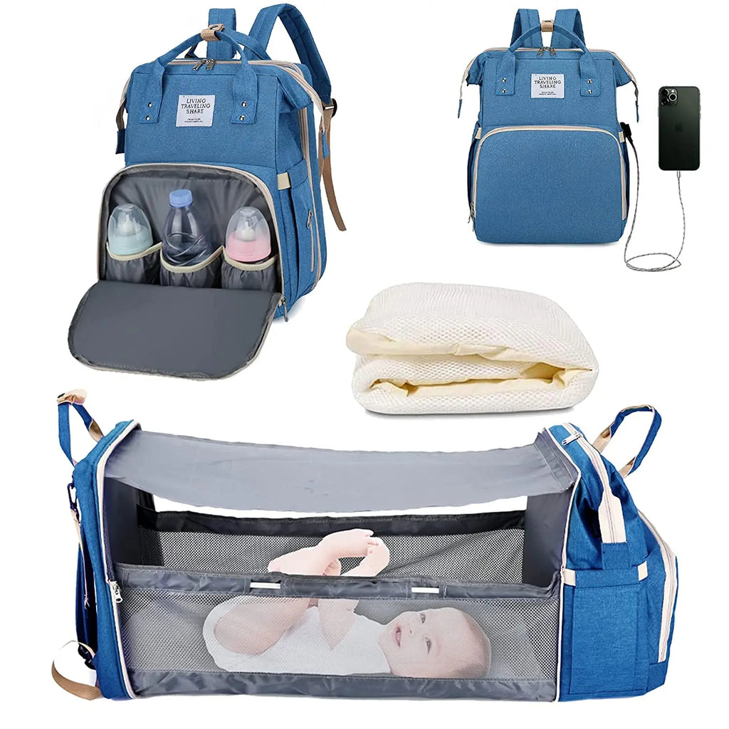 3-in-1 Diaper Bag & Foldable Baby Bed – Waterproof Travel Backpack with USB Charging, Large Capacity & Multi-Function Design