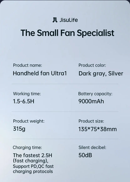 JISULIFE Portable Turbo Handheld Fan – 100 Adjustable Wind Speeds, 9000mAh Rechargeable Battery with LED Display for Outdoor & Camping