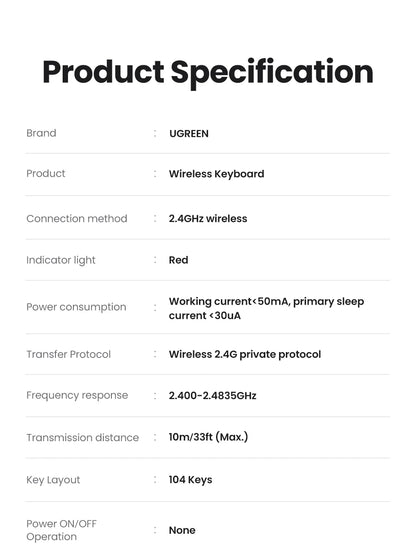 UGREEN Wireless Keyboard 2.4GHz 104 Keys Layout for Laptop Desktop Windows Mac OS PC Accessories English Russian Korean Keycaps