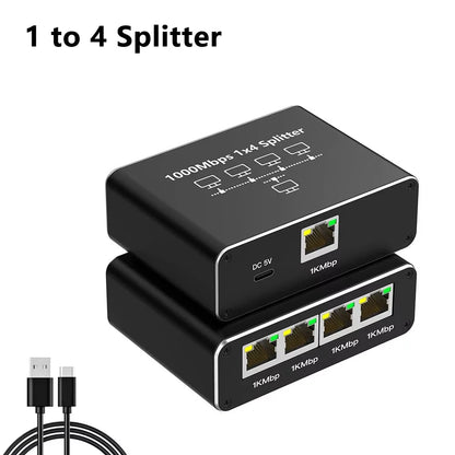 1000Mbps Ethernet Splitter – 1-in-4-Out RJ45 LAN Adapter Cat6 Gigabit Network Switch for PC, Laptop, TV Box & Router