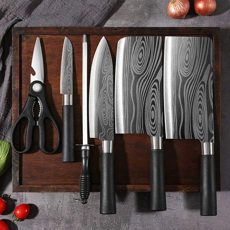 Laser Damascus Kitchen Knife & Scissors Set – Stainless Steel Sharp Chef Knives with Sharpening Rod for Cooking