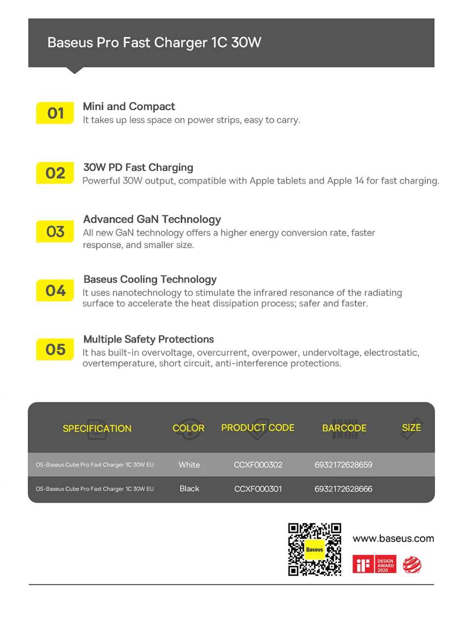 Baseus 30W GaN Charger PD Charger For iPhone 15 14 13 12 11 Xs Max Fast Charger PD3.0 QC3.0 Phone Charger Type C Tablets Charger