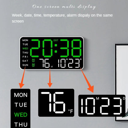 LED Digital Wall Clock – Temperature, Date & Week Display with Alarm, Voice Control & Adjustable Brightness