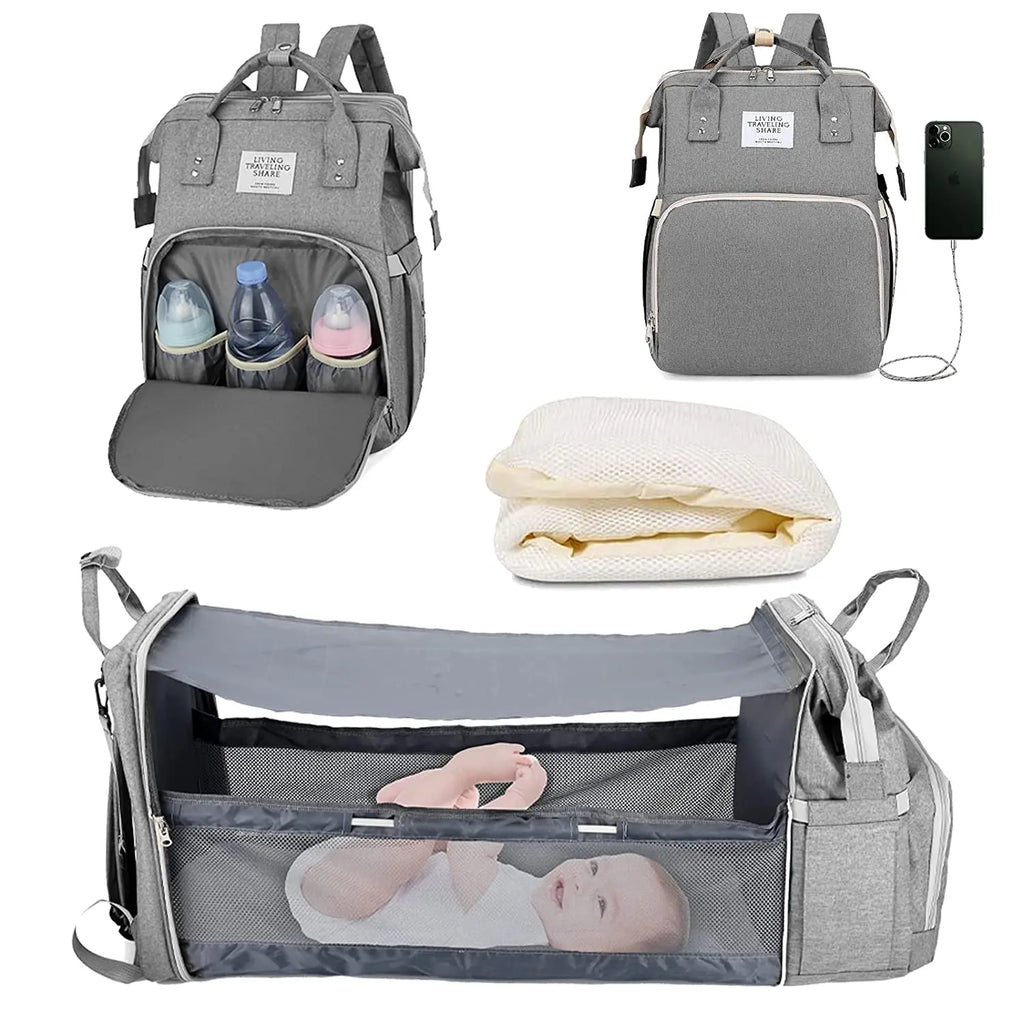 3-in-1 Diaper Bag & Foldable Baby Bed – Waterproof Travel Backpack with USB Charging, Large Capacity & Multi-Function Design