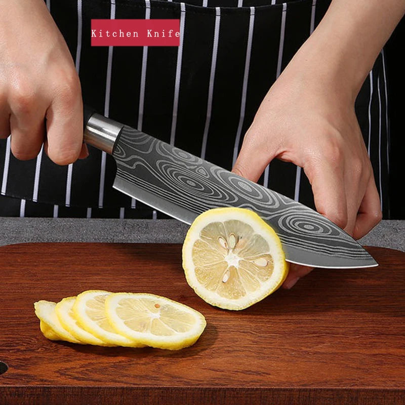 Laser Damascus Kitchen Knife & Scissors Set – Stainless Steel Sharp Chef Knives with Sharpening Rod for Cooking