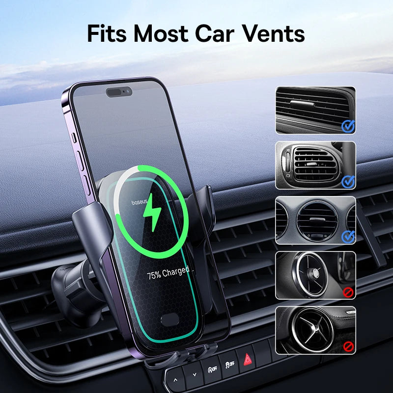 Baseus Car Wireless Charger Car Phone Holder Auto for iPhone 15 Samsung Xiaomi Phone Holder Car Holder 15W Air Vent Mount Holder