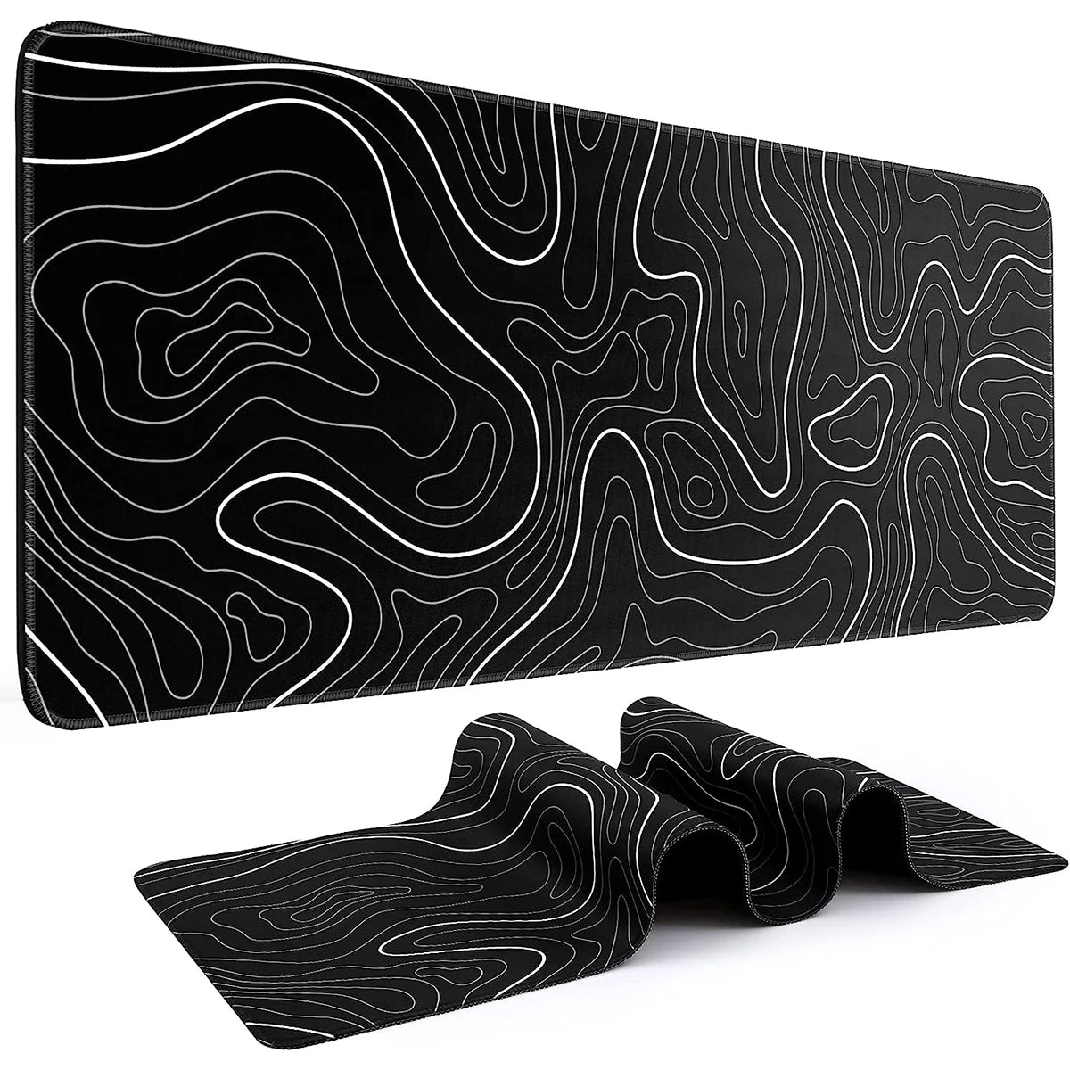 Large Gaming Mouse Pad – 31.5 x 11.8in Topographic Black & White Keyboard Pad with Anti-Slip Base
