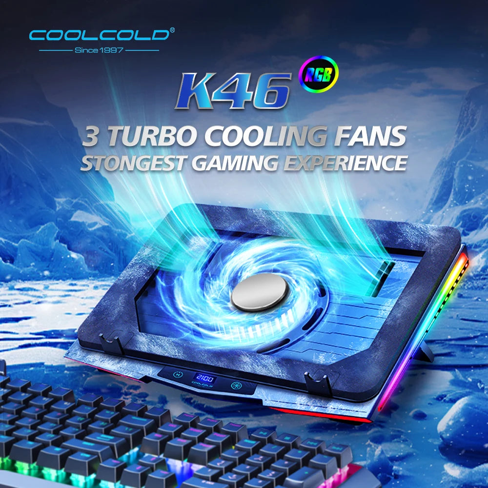 COOLCOLD RGB Laptop Cooling Pad – Ultra-Quiet USB Cooler with Fast Heat Dissipation & Adjustable Stand