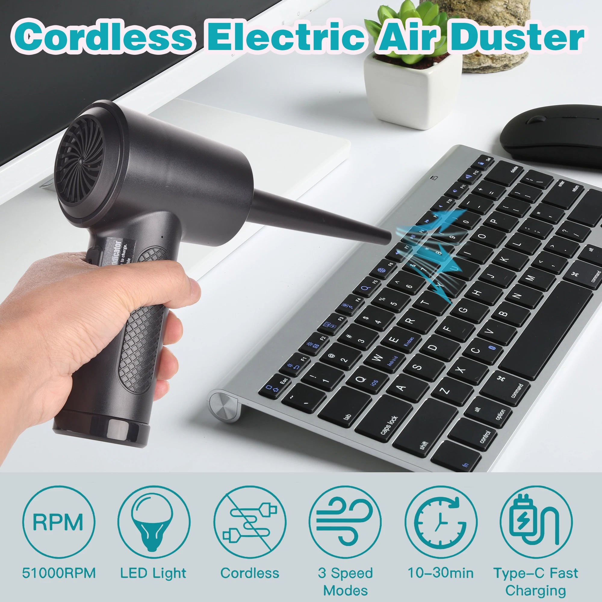 Portable Air Duster for Computer Cleaning – 51000RPM Cordless Compressed Air Blower with LED Light for PC & Keyboard