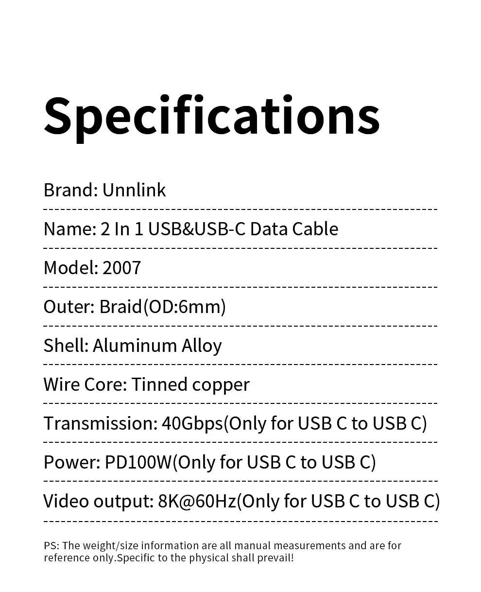 Unnlink 2 In 1 USB Type C Data Cable 40Gbps 20Gbps PD 100W Charging Compatible Thunderbolt 3/4