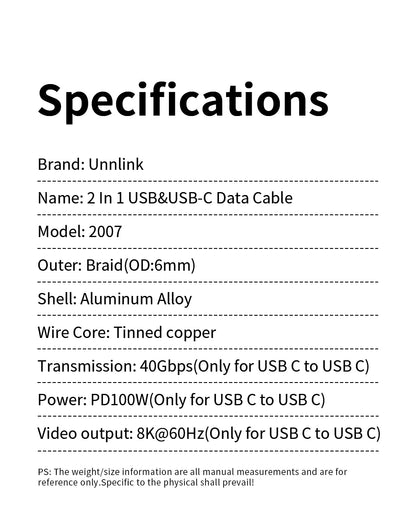 Unnlink 2 In 1 USB Type C Data Cable 40Gbps 20Gbps PD 100W Charging Compatible Thunderbolt 3/4