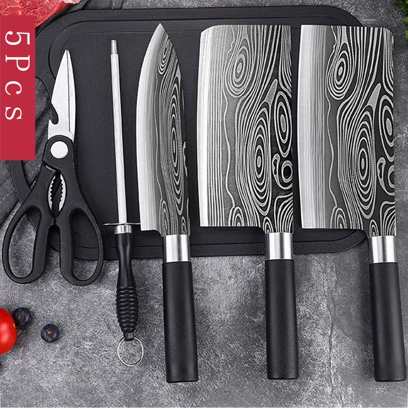 Laser Damascus Kitchen Knife & Scissors Set – Stainless Steel Sharp Chef Knives with Sharpening Rod for Cooking