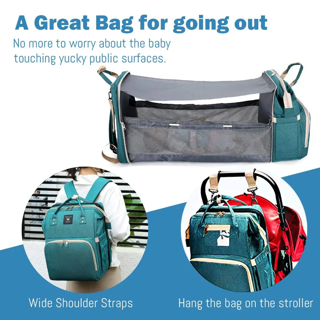 3-in-1 Diaper Bag & Foldable Baby Bed – Waterproof Travel Backpack with USB Charging, Large Capacity & Multi-Function Design