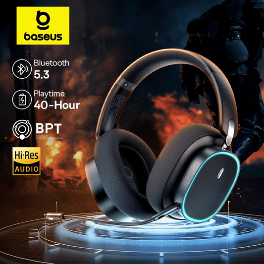 Baseus GH02 Wireless Gaming Headphones with Mic | Bluetooth 5.3, 40mm Drivers, RGB, 2.4G/Wired/BT – 40H Battery, Over-Ear Headset