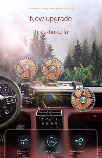 Car Fan 360° Adjustable 3 Head Air Fan Automotive Electric Fan USB/12V/24V Fan 2 Speeds Car Silent Fan For Home Desk Office&Car