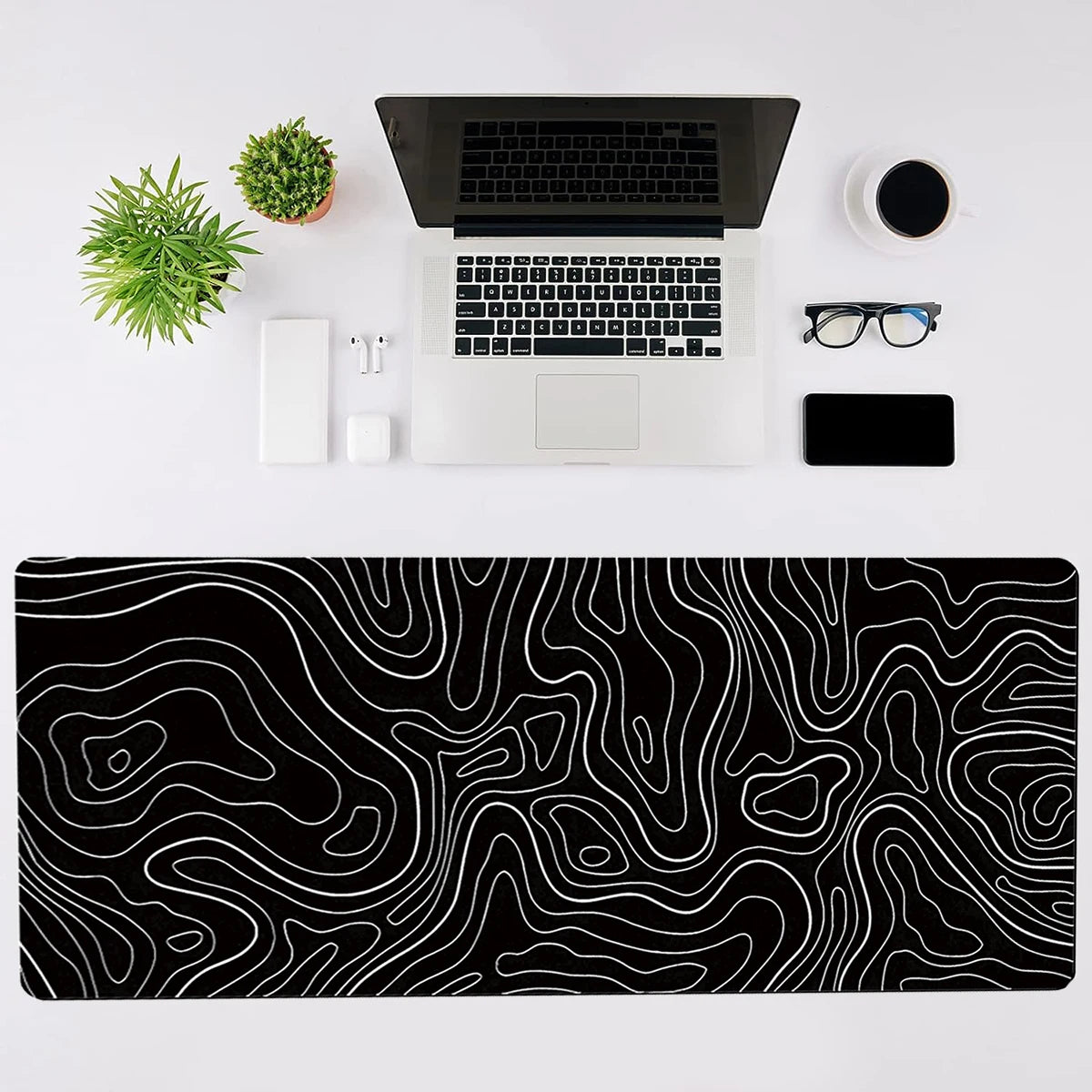 Large Gaming Mouse Pad – 31.5 x 11.8in Topographic Black & White Keyboard Pad with Anti-Slip Base