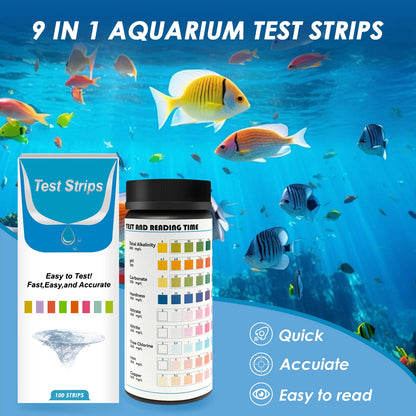 100 Pcs 9-in-1 / 7-in-1 Aquarium Test Kit – Fish Tank Water Quality Monitor with pH Test Strips, Fast & Accurate