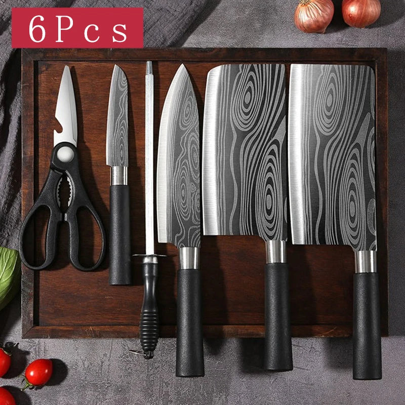 Laser Damascus Kitchen Knife & Scissors Set – Stainless Steel Sharp Chef Knives with Sharpening Rod for Cooking