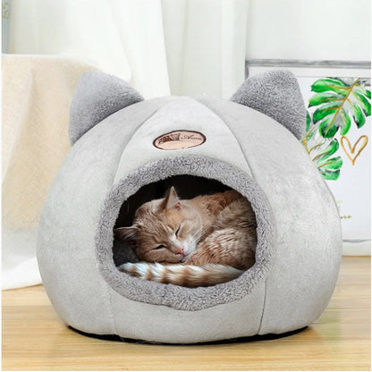 Winter Warm Cat Bed – Cozy Cat Cave Tent with Removable Cushion Pillow | Cute Cat Head Shape Pet Bed