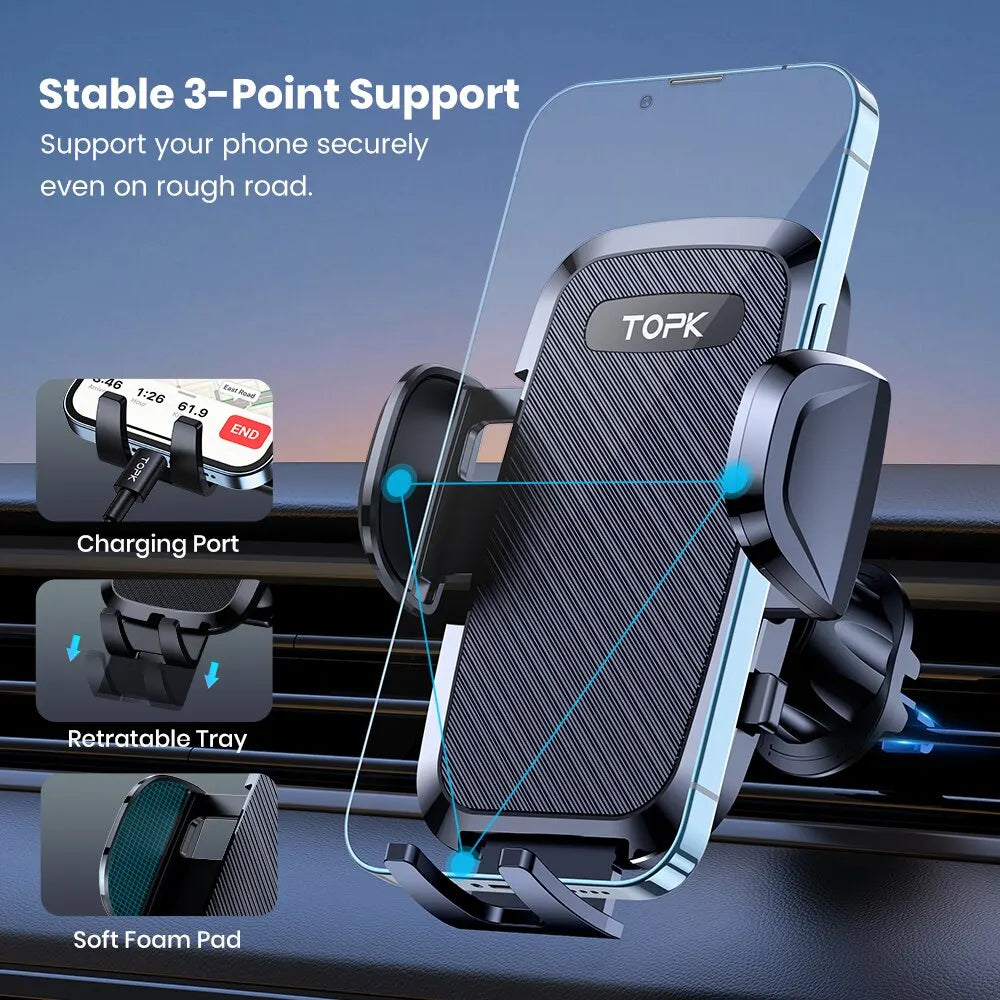 TOPK 2-in-1 Car Phone Holder – Handsfree Mount for Dashboard & Air Vent, Compatible with iPhone, Samsung & Android