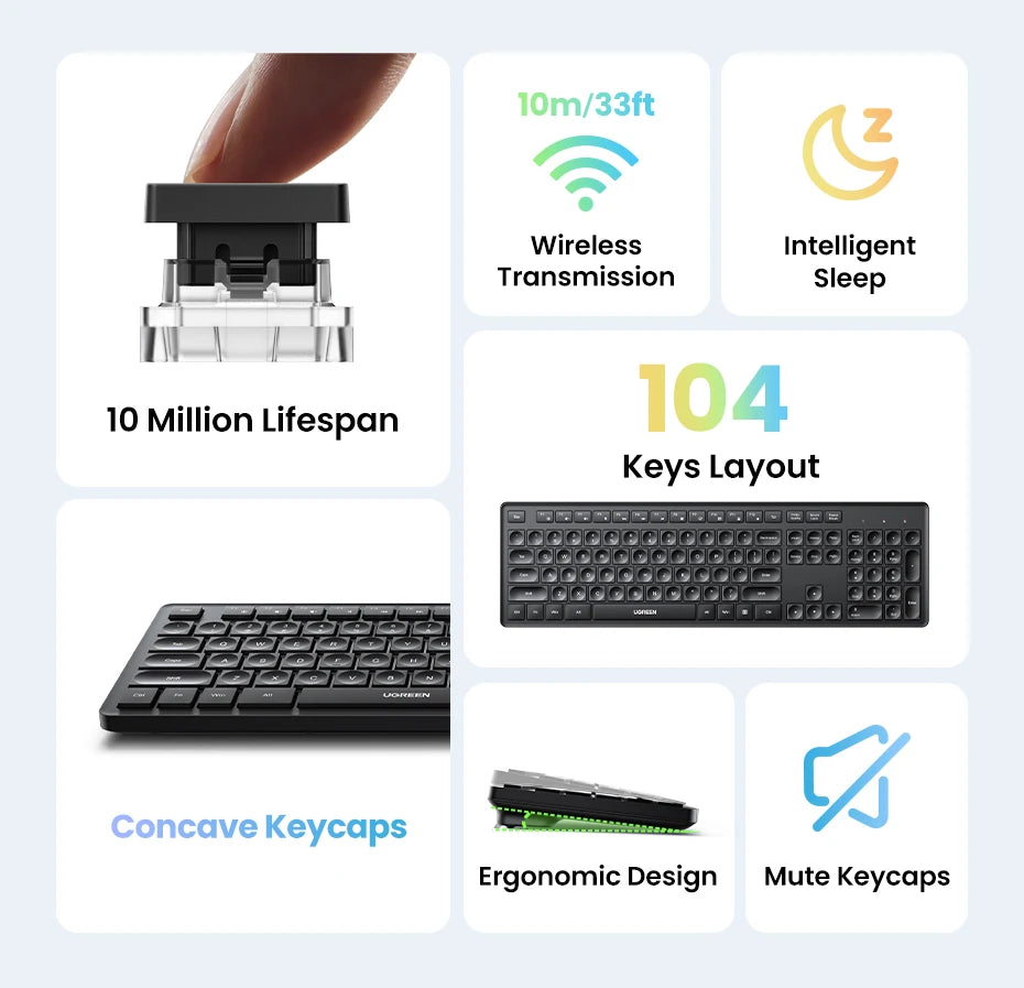 UGREEN Wireless Keyboard 2.4GHz 104 Keys Layout for Laptop Desktop Windows Mac OS PC Accessories English Russian Korean Keycaps