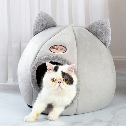 Winter Warm Cat Bed – Cozy Cat Cave Tent with Removable Cushion Pillow | Cute Cat Head Shape Pet Bed