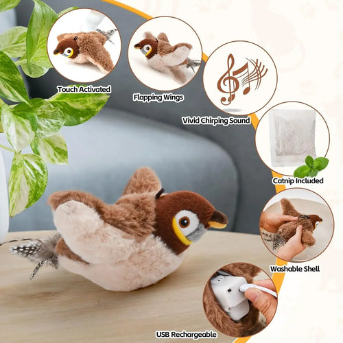 Interactive Cat Toy – Rechargeable Chirping Flapping Bird with Catnip | Touch-Activated Plush Toy for Indoor Cats