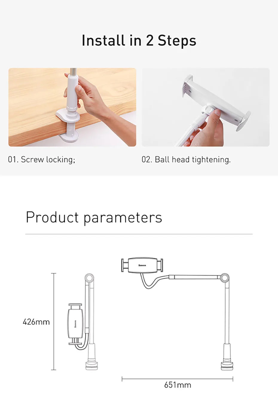 Baseus-Universal Flexible Phone Holder, 360 Rotating, Long Arm, Lazy Clip, Bed Desktop Stand, iPhone, iPad, Tablet