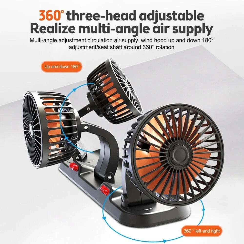 360° Adjustable 3-Head Car Fan | USB/12V/24V Dual Speed Electric Fan for Car, Home, Desk & Office - Silent Cooling