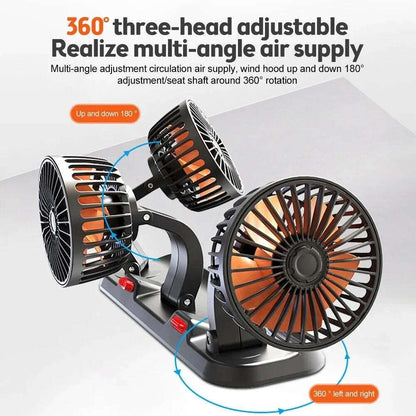 360° Adjustable 3-Head Car Fan | USB/12V/24V Dual Speed Electric Fan for Car, Home, Desk & Office - Silent Cooling