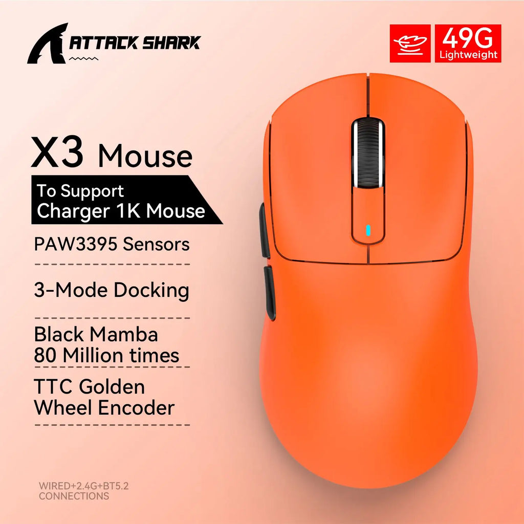 Attack Shark X3Pro/X3 Wireless Gaming Mouse – 26000 DPI, Tri-Mode Connectivity, Ergonomic Ultra-Lightweight Design with RGB for PC, Laptop & Console Gaming