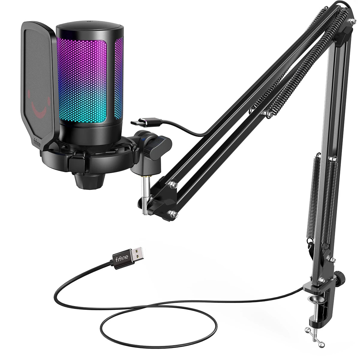 FIFINE A6T USB Gaming Microphone – High-Quality RGB Condenser Mic with Adjustable Boom Arm Stand, Touch Tap-to-Mute Function Studio-Grade Audio for Streaming, Podcasting, Gaming, and Content Creation