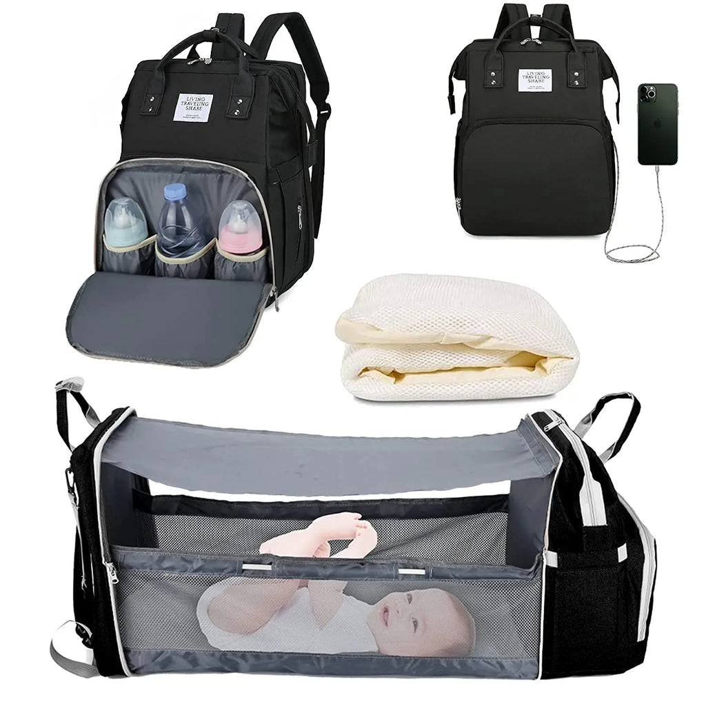 3-in-1 Diaper Bag & Foldable Baby Bed – Waterproof Travel Backpack with USB Charging, Large Capacity & Multi-Function Design