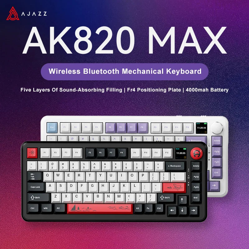 Ajazz AK820 MAX 75% Mechanical Keyboard, Gaming Keyboard with TFT Screen and Knobs, Bluetooth/Wireless/Wired Customized Keyboard