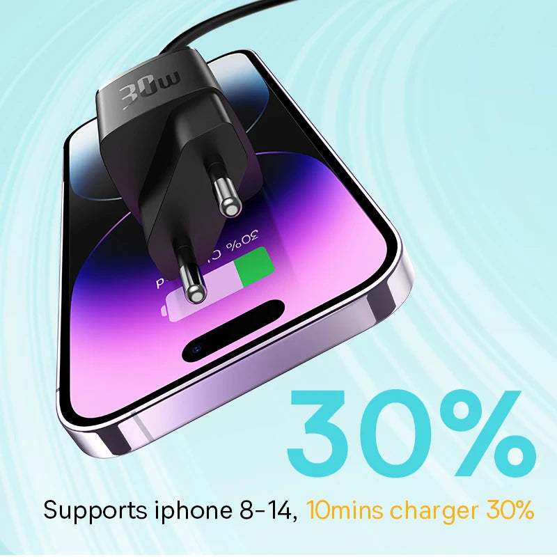 Baseus 30W GaN PD Charger | Fast PD3.0 QC3.0 USB-C Charger for iPhone 15/14/13/12/11, iPad, Samsung, Tablets & More