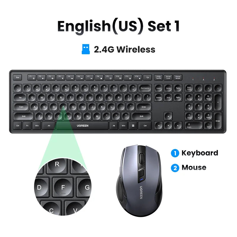 UGREEN Wireless Keyboard 2.4GHz 104 Keys Layout for Laptop Desktop Windows Mac OS PC Accessories English Russian Korean Keycaps