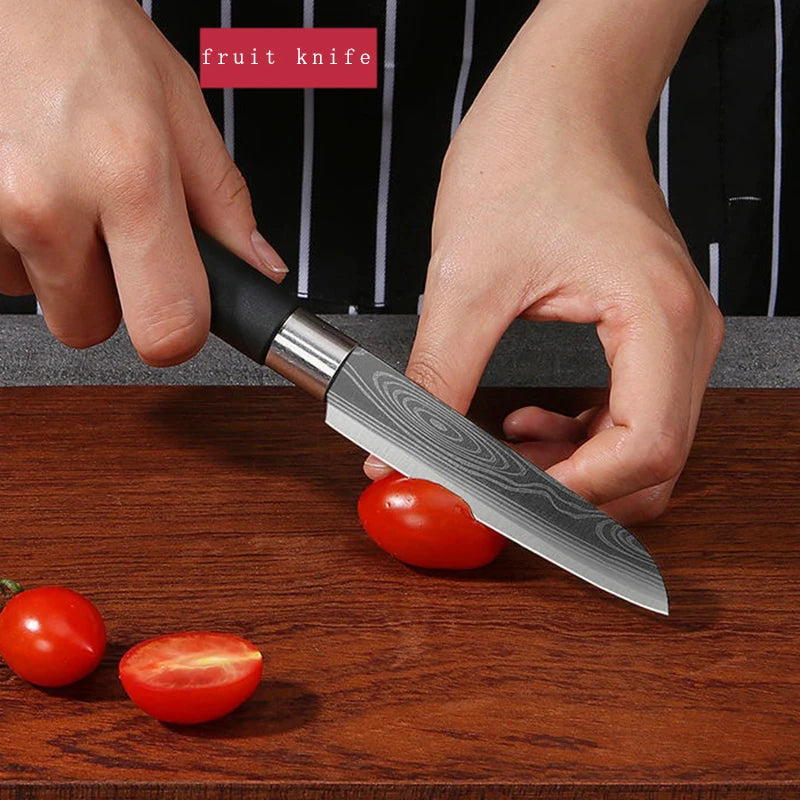 Laser Damascus Kitchen Knife & Scissors Set – Stainless Steel Sharp Chef Knives with Sharpening Rod for Cooking