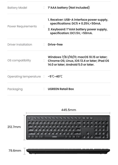 UGREEN Wireless Keyboard 2.4GHz 104 Keys Layout for Laptop Desktop Windows Mac OS PC Accessories English Russian Korean Keycaps