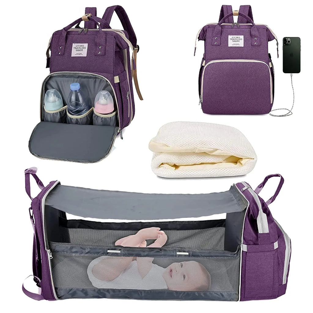 3-in-1 Diaper Bag & Foldable Baby Bed – Waterproof Travel Backpack with USB Charging, Large Capacity & Multi-Function Design