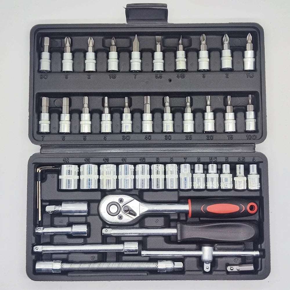 46pcs 1/4 Inch Drive Socket Set Ratchet Wrench Set Car Tool Kit, Bit Socket Wrench Set Metric Mechanic Tool Set