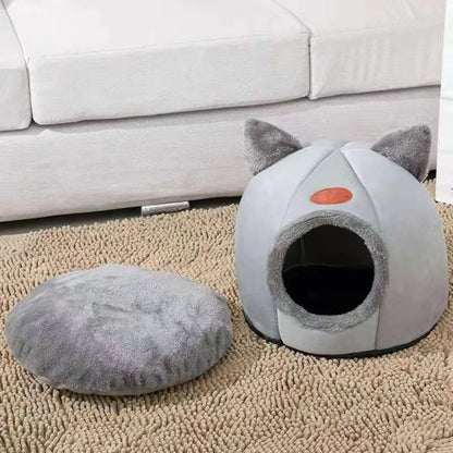 Winter Warm Cat Bed – Cozy Cat Cave Tent with Removable Cushion Pillow | Cute Cat Head Shape Pet Bed
