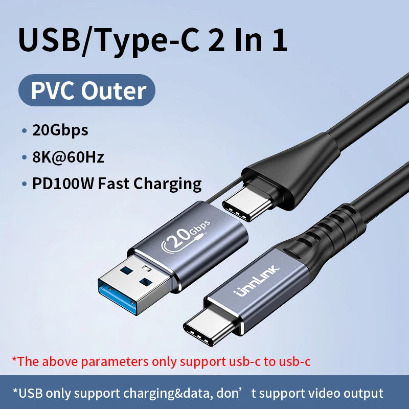 Unnlink 2 In 1 USB Type C Data Cable 40Gbps 20Gbps PD 100W Charging Compatible Thunderbolt 3/4