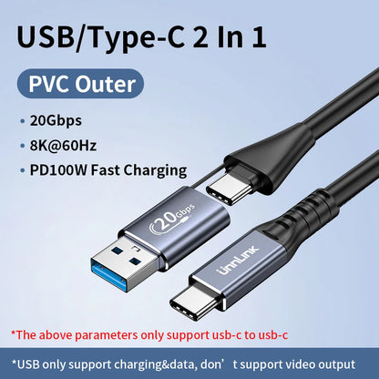 Unnlink 2 In 1 USB Type C Data Cable 40Gbps 20Gbps PD 100W Charging Compatible Thunderbolt 3/4