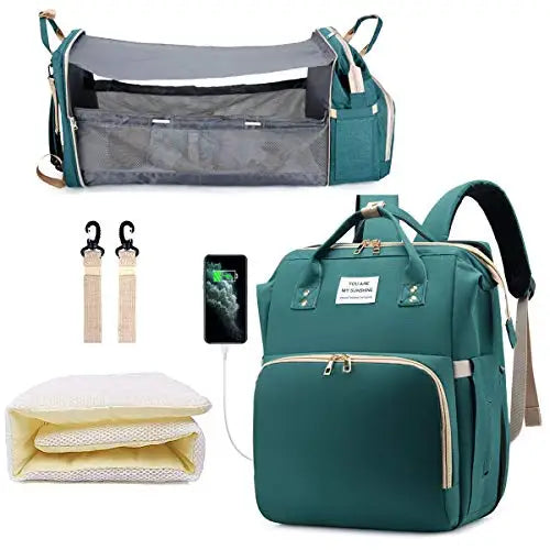 3-in-1 Diaper Bag & Foldable Baby Bed – Waterproof Travel Backpack with USB Charging, Large Capacity & Multi-Function Design