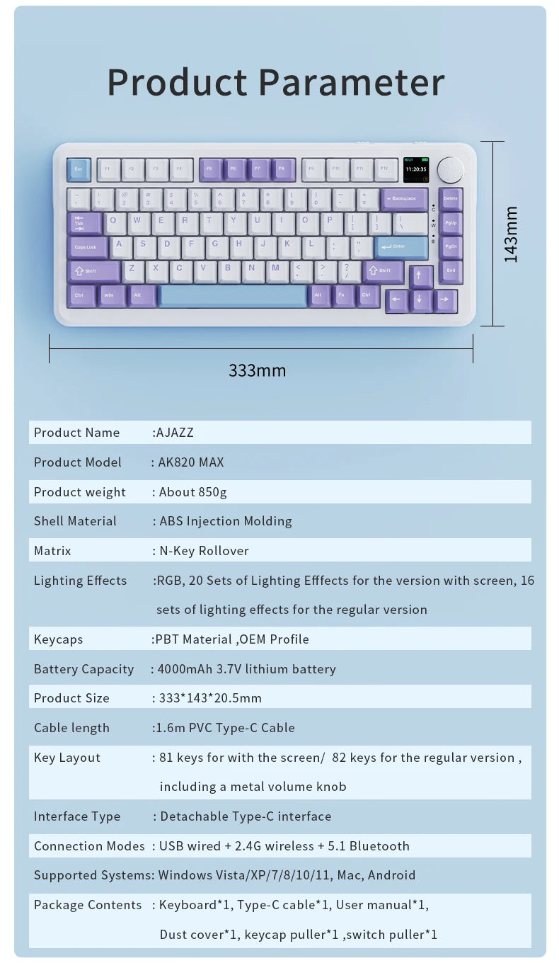 Ajazz AK820 MAX 75% Mechanical Keyboard, Gaming Keyboard with TFT Screen and Knobs, Bluetooth/Wireless/Wired Customized Keyboard