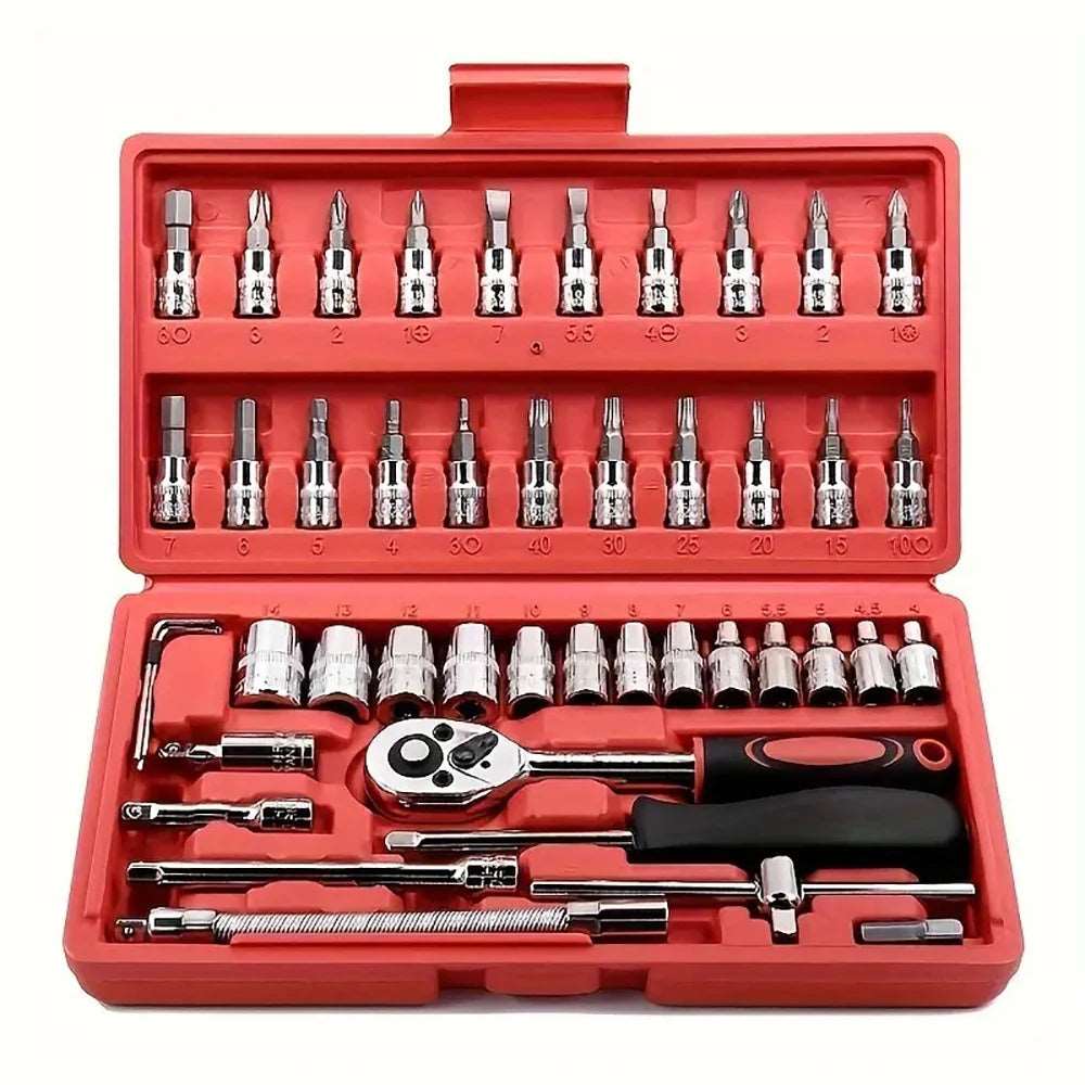 46pcs 1/4 Inch Drive Socket Set Ratchet Wrench Set Car Tool Kit, Bit Socket Wrench Set Metric Mechanic Tool Set